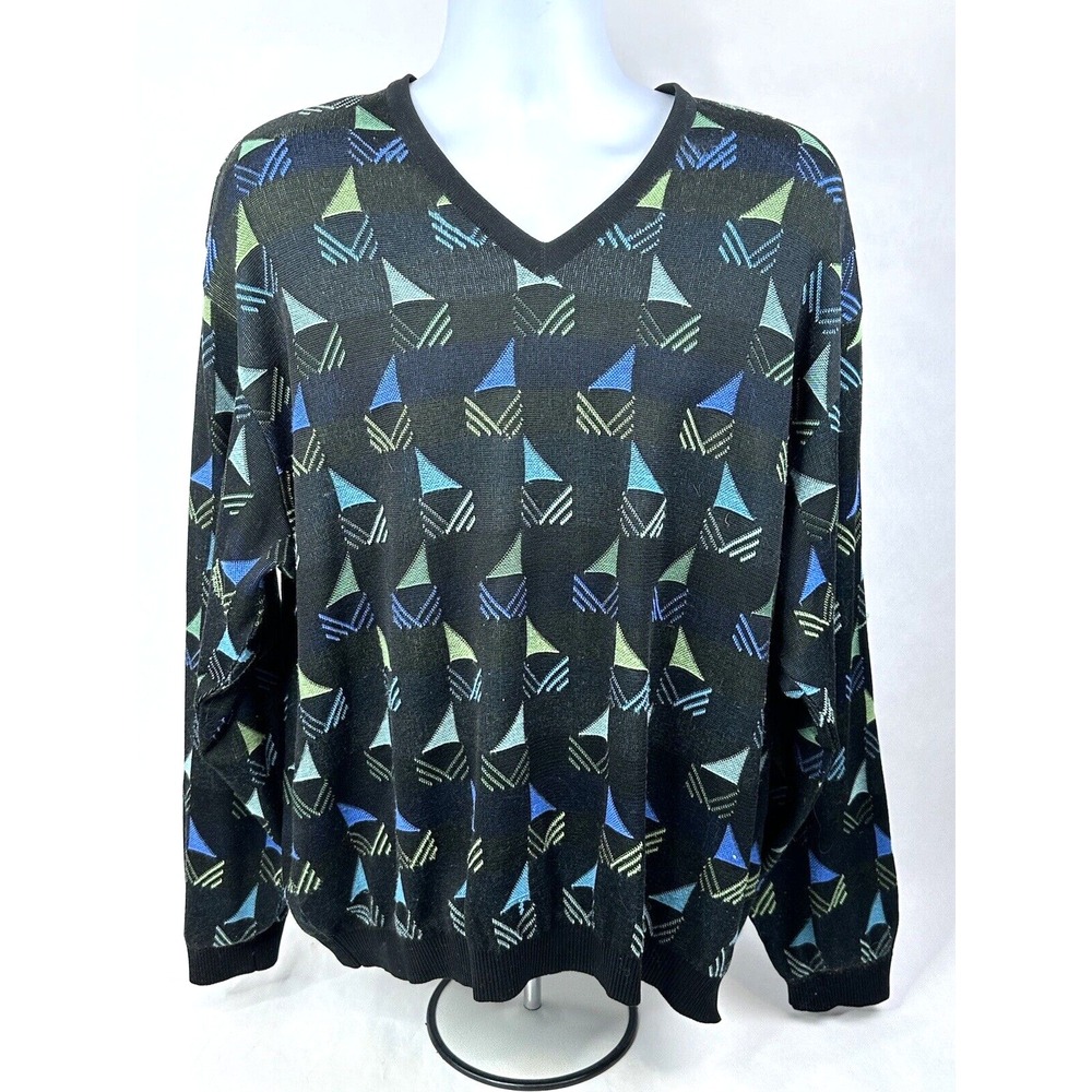 VTG St. Croix Sweater Mens 2XL Multicolor Geometric V-Neck Pullover USA Made
